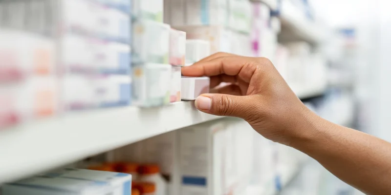 Hand selecting a medication box from a pharmacy shelf