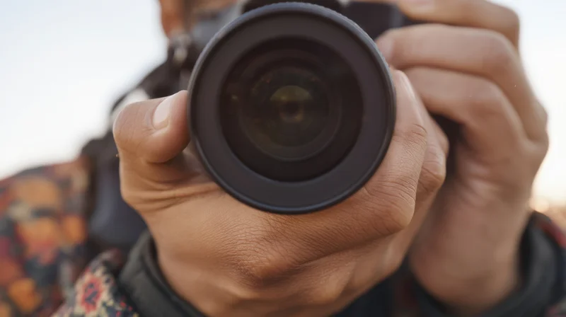 Close-up of hands holding camera lens while shooting outdoors