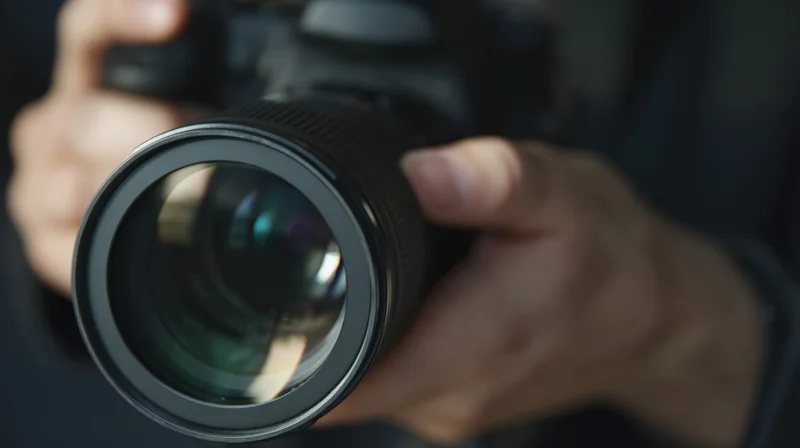 Hands holding a camera lens in close-up view