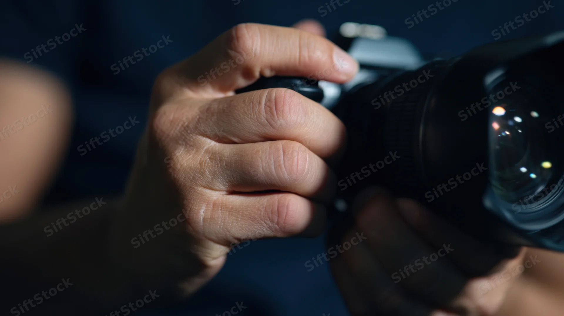 Hands gripping a camera lens in low light, close-up view