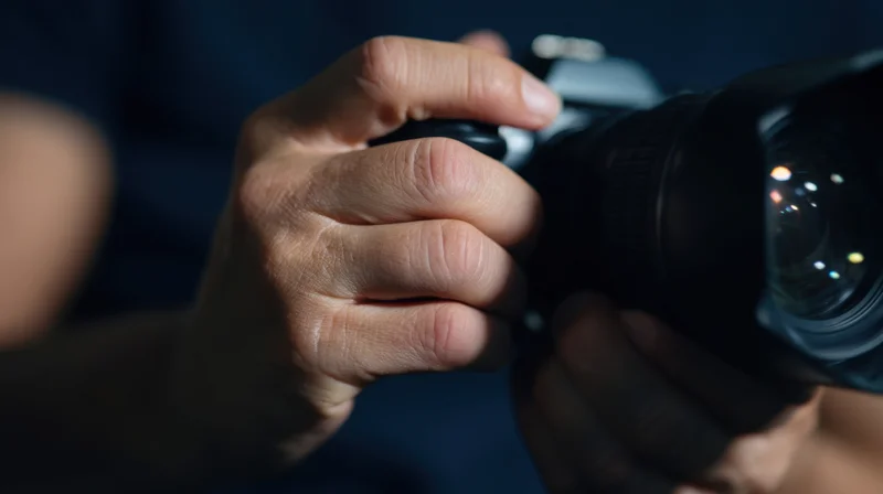 Hands gripping a camera lens in low light, close-up view