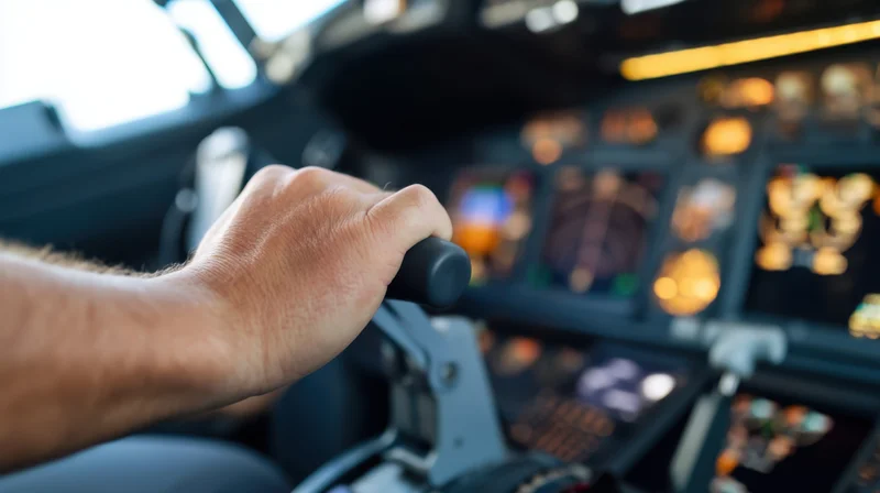 Pilot's hand gripping throttle in aircraft cockpit