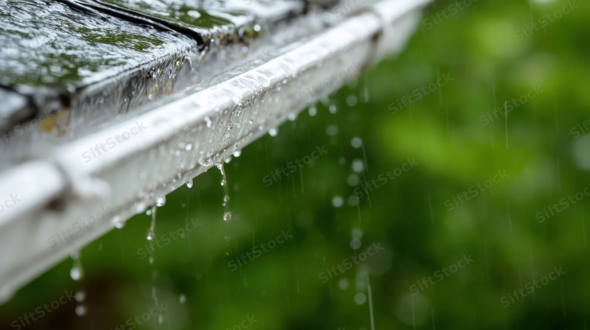 Rainwater dripping from a metal gutter on a roof with green foliage in the background