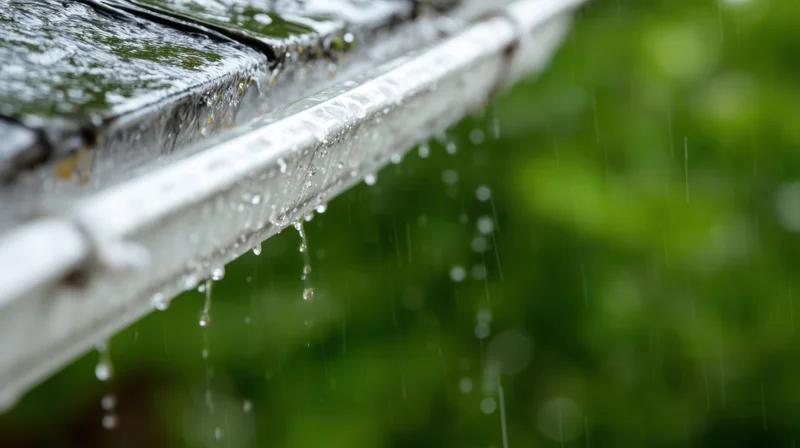 Rainwater dripping from a metal gutter on a roof with green foliage in the background