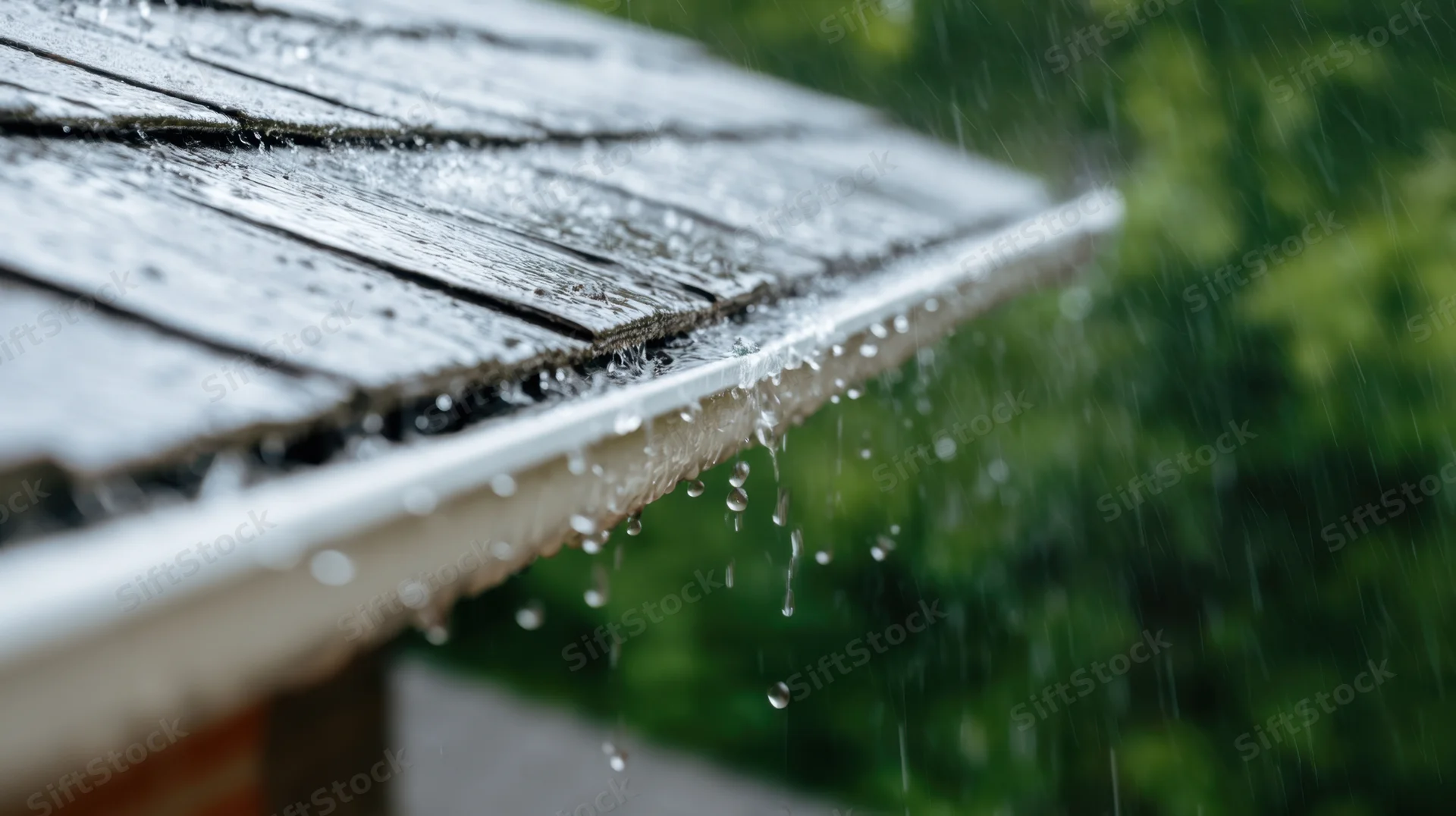 Rain dripping from a gutter on a wooden roof with green foliage in the background
