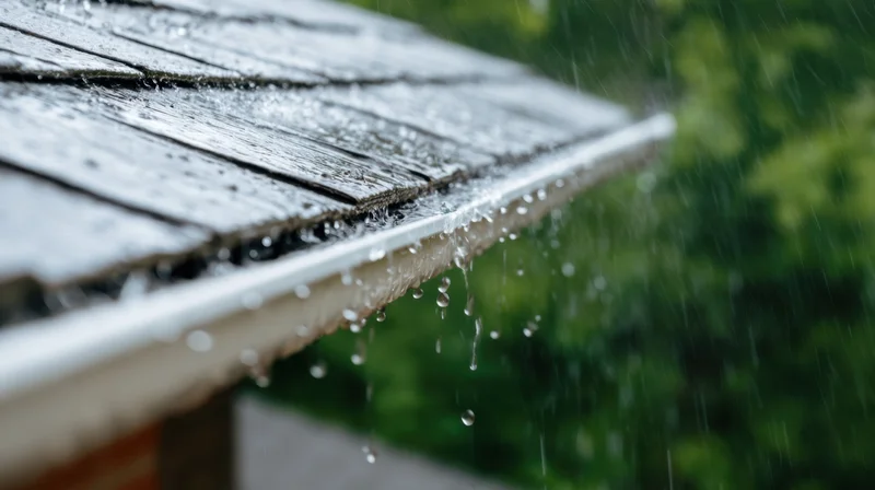 Rain dripping from a gutter on a wooden roof with green foliage in the background