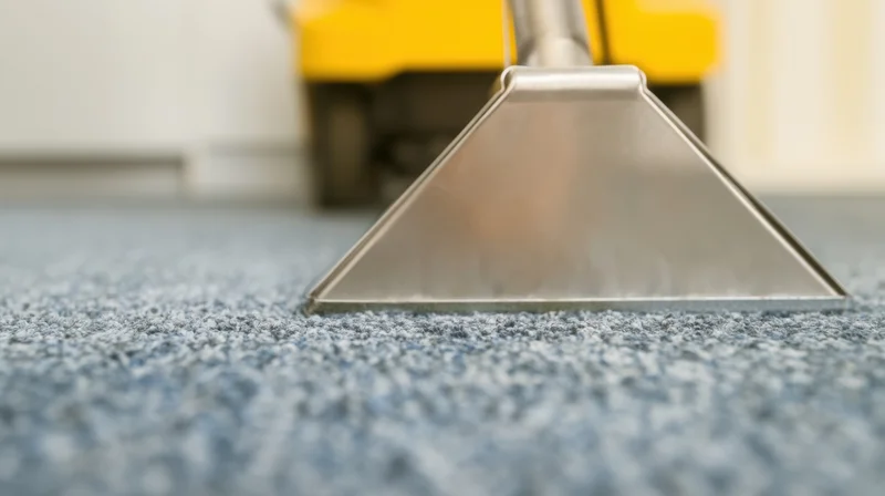 Vacuum cleaner head moving across blue carpet in a home setting