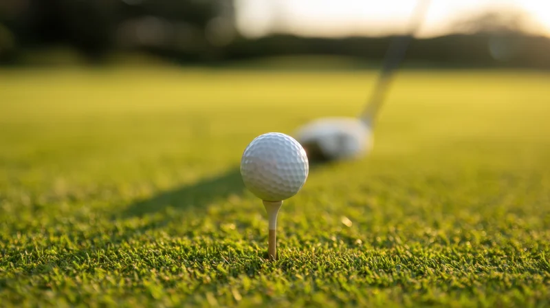 Golfball on a tee on a grassy course with a golf club in the background during golden hour