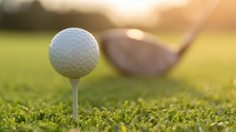 Golfball on a tee on a grassy course with a golf club in the background during golden hour