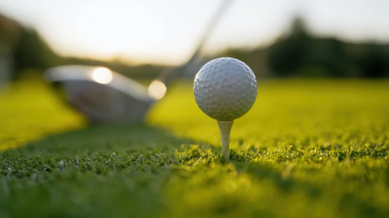 Golfball on tee in grass with golf club in background on course
