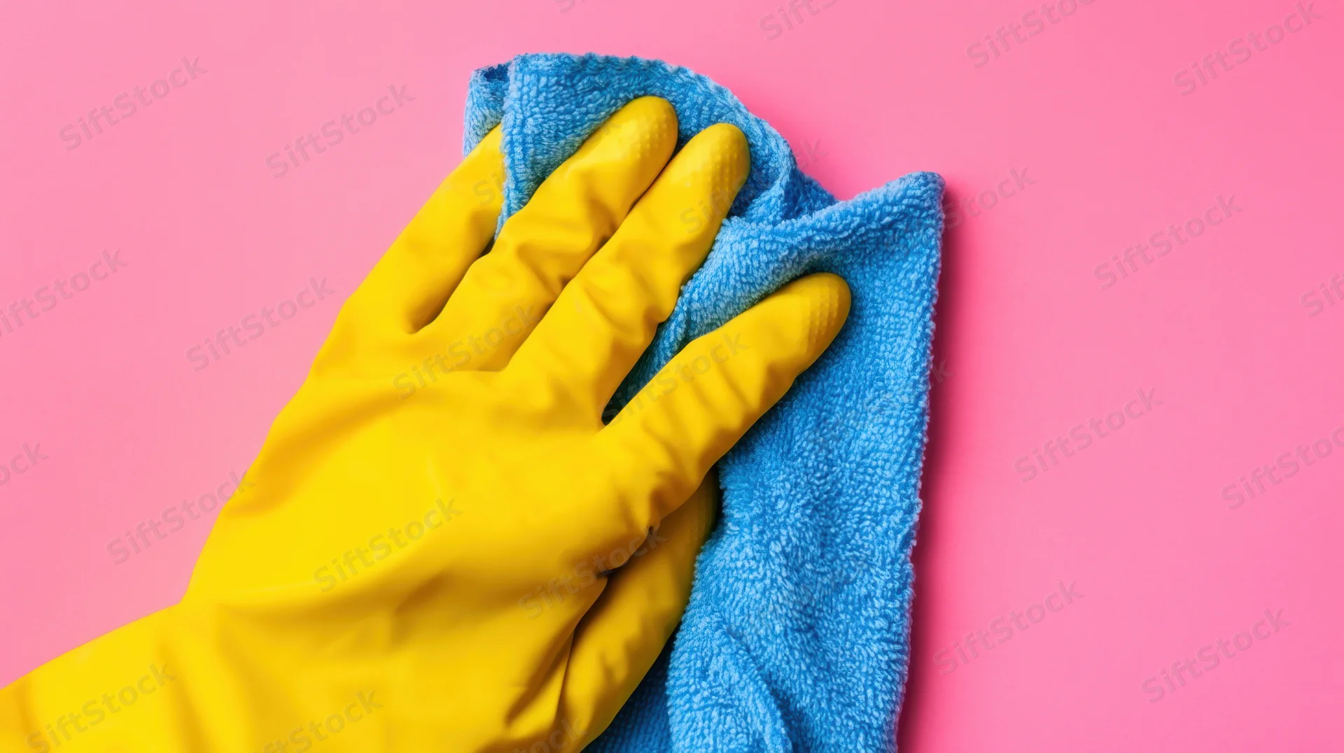 Hand in yellow rubber glove wiping blue cloth on pink surface
