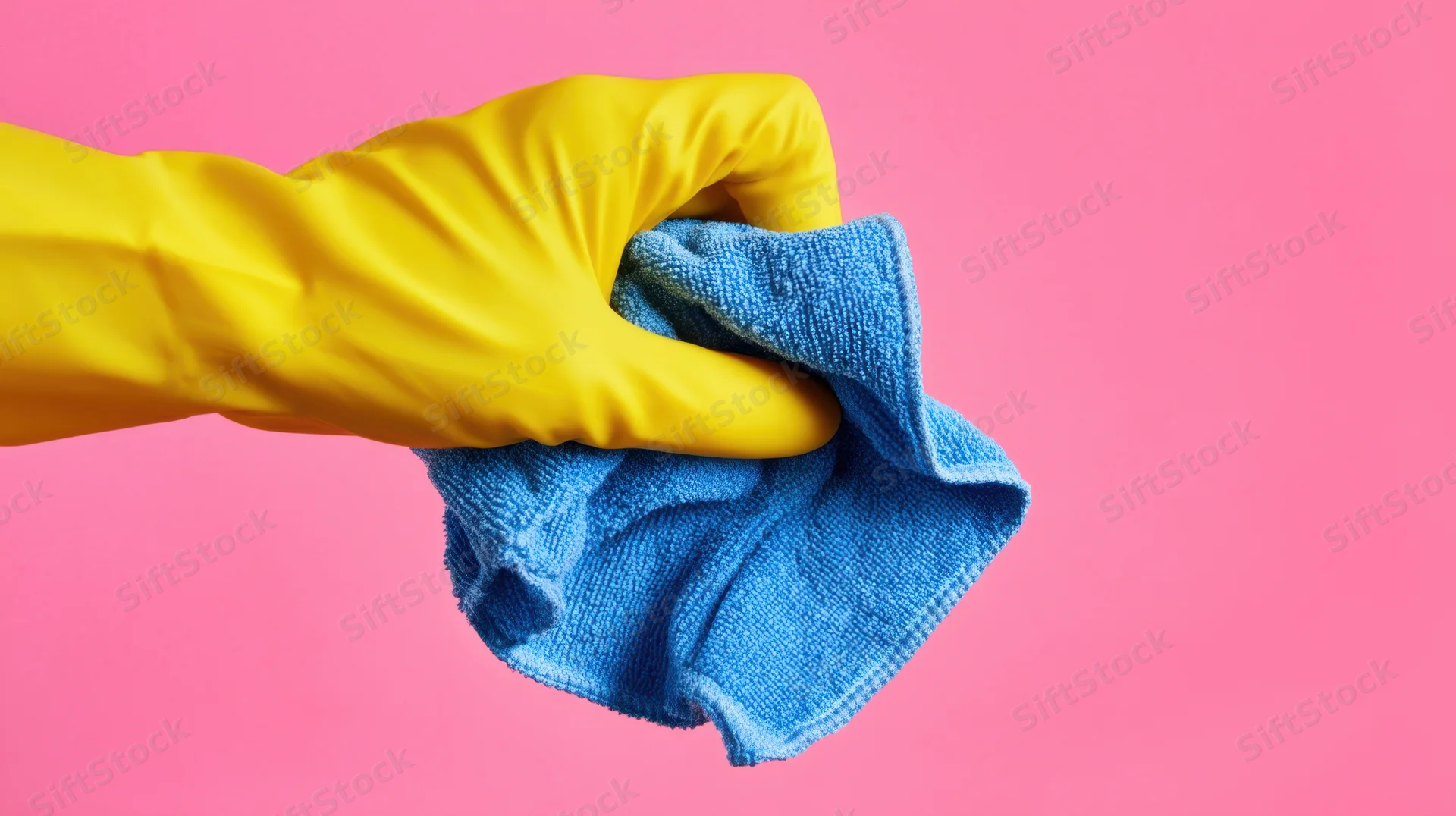 Hand in yellow rubber glove holding blue microfiber cloth against pink background