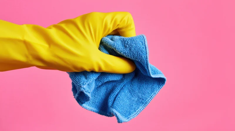 Hand in yellow rubber glove holding blue microfiber cloth against pink background