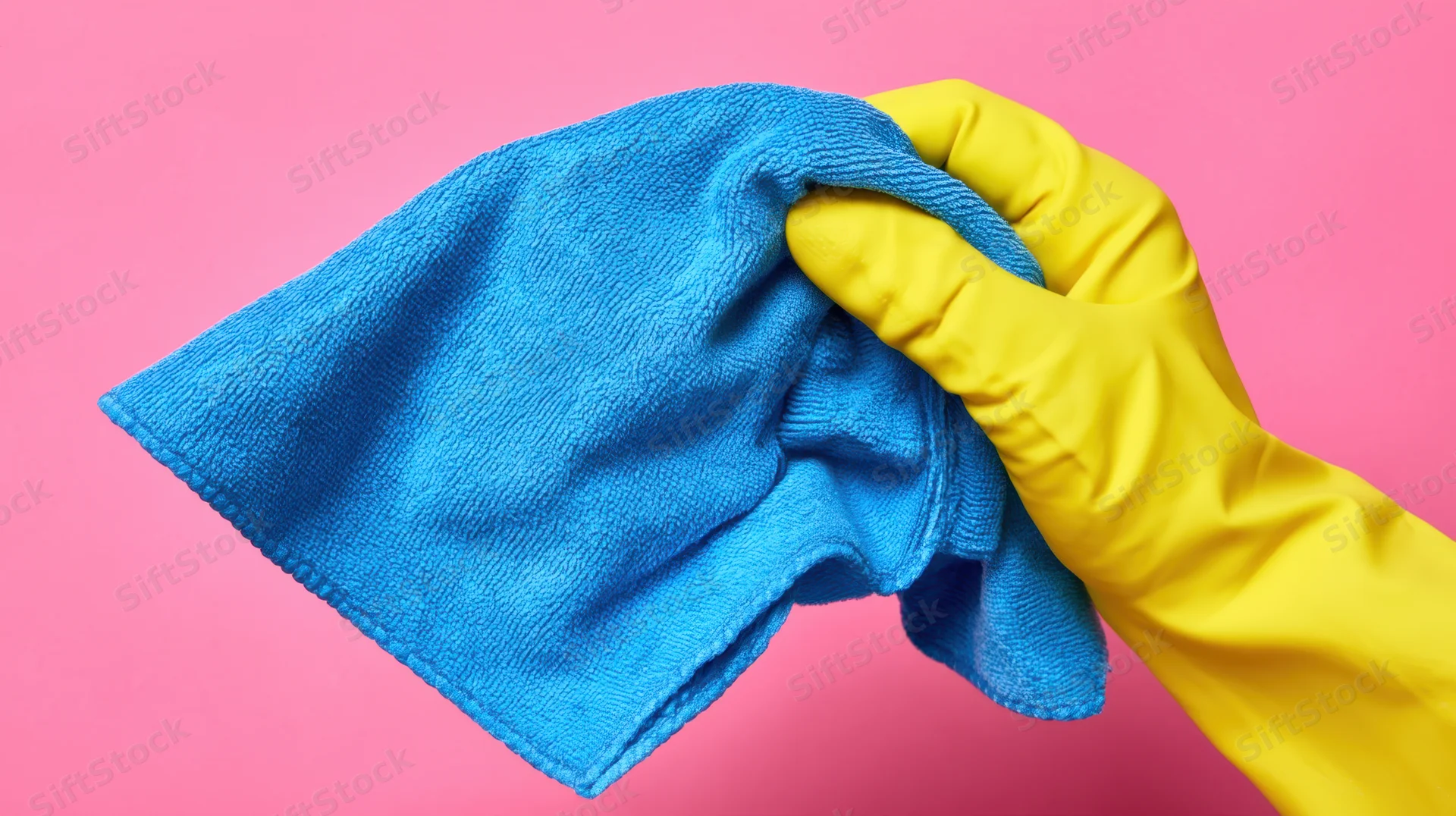 Hand in yellow rubber glove holding blue microfiber cloth against pink background