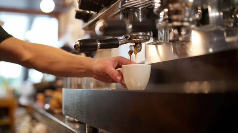 Barista pouring espresso from machine into white cup at cafe counter