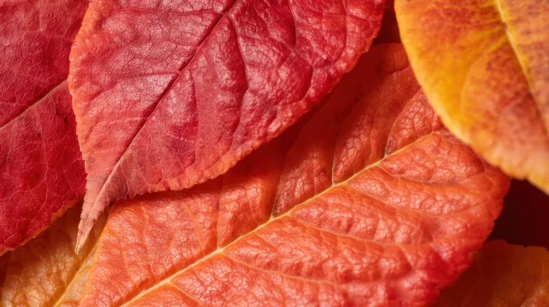 Close-up of red and orange autumn leaves overlapping in a natural pile