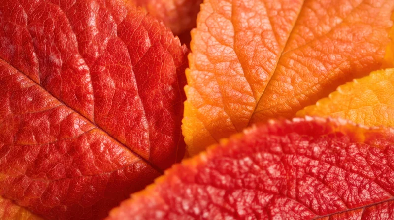 Close-up of red, orange and yellow autumn leaves showing detailed veins and textures