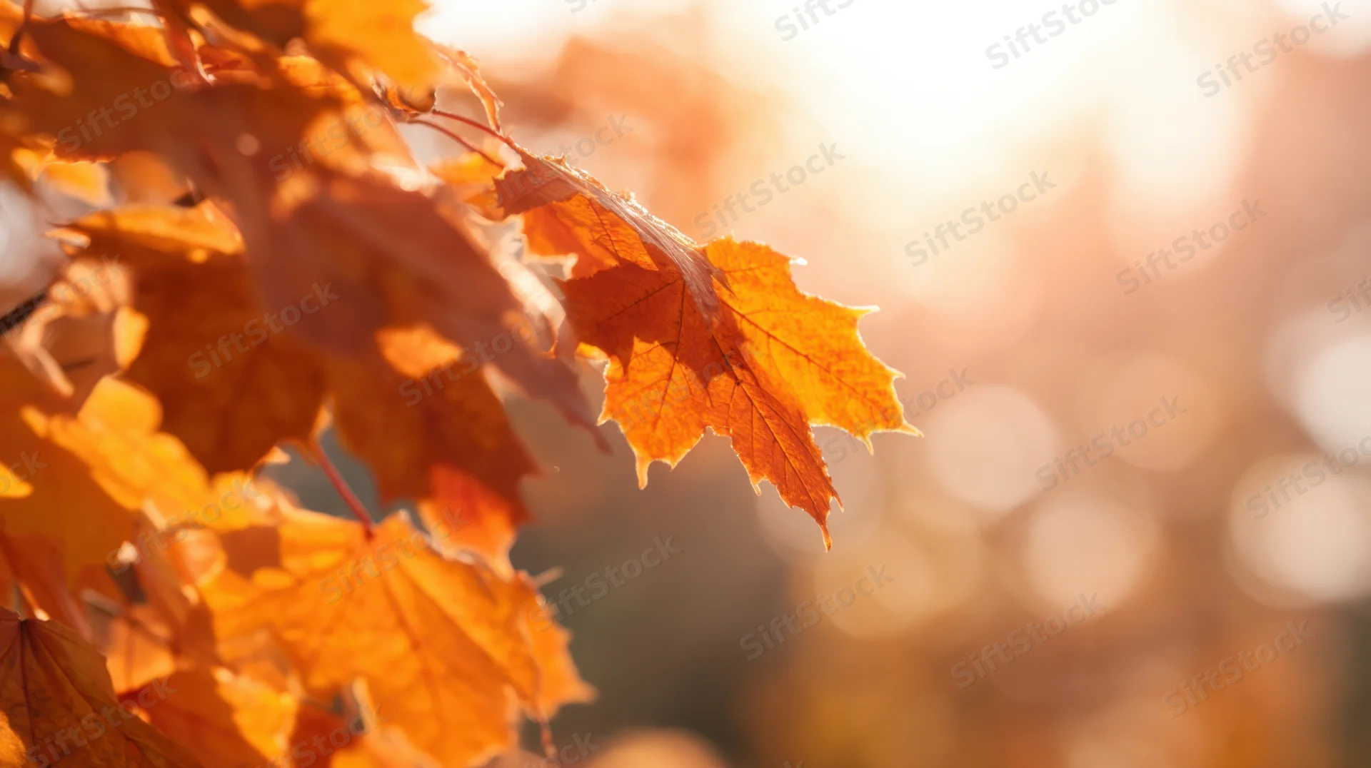 Close-up of orange maple leaves in sunlight with blurred background