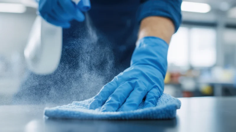 Person in blue nitrile gloves spraying disinfectant and wiping a surface with a cloth in a clean indoor workspace
