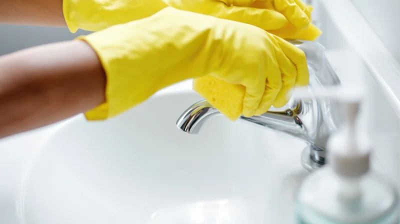 Hands in yellow gloves scrubbing a chrome faucet over a white sink