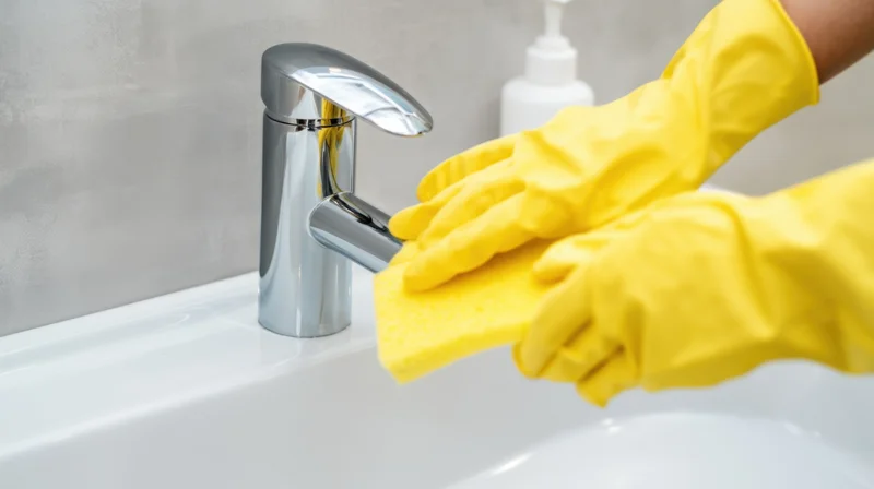 Hands in yellow gloves scrubbing a chrome faucet with a sponge over a white sink