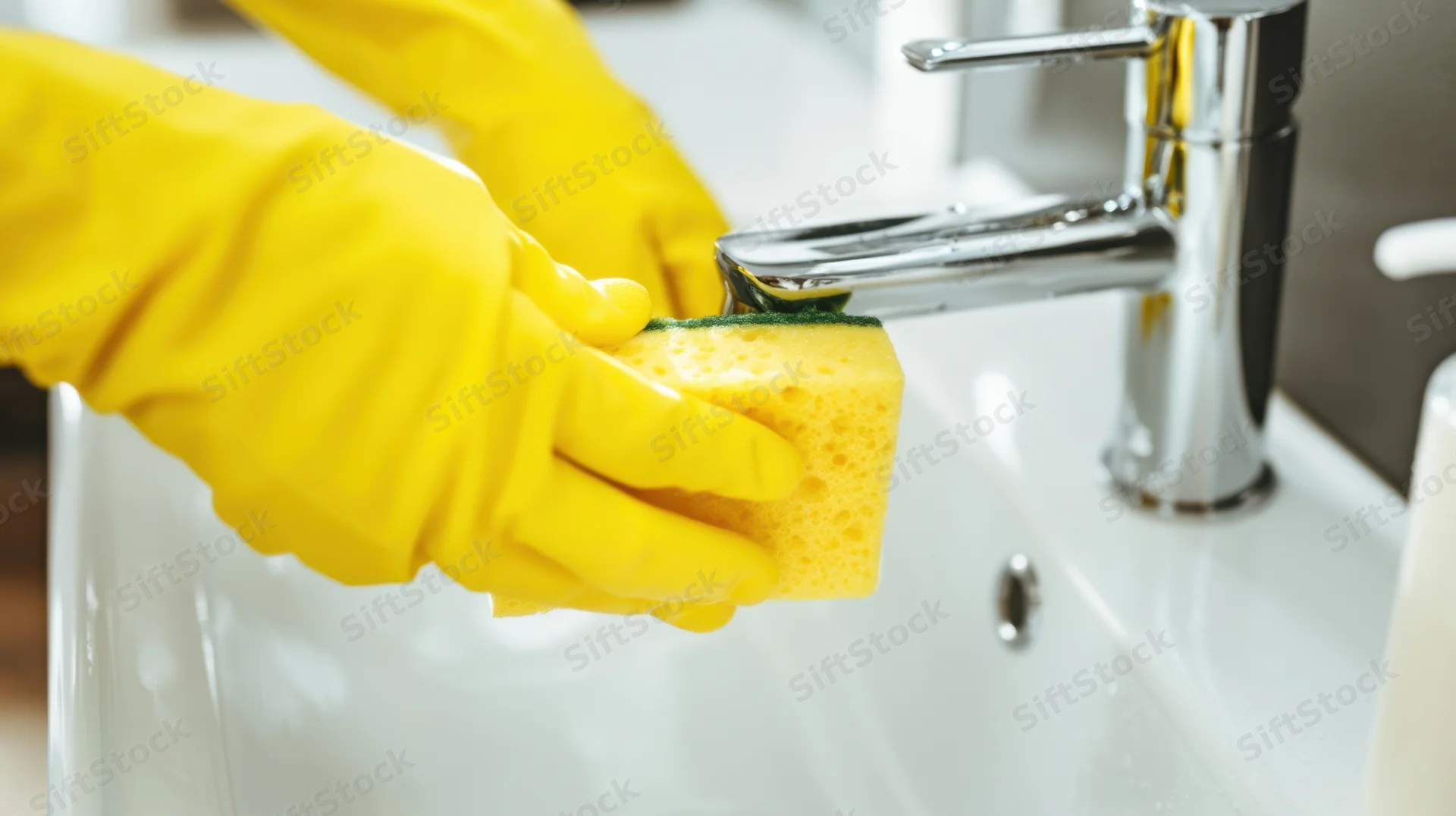 Hands in yellow rubber gloves squeezing a sponge under a running faucet over a white sink
