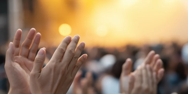 Hands clapping in front of a blurred crowd at sunset during a live music event