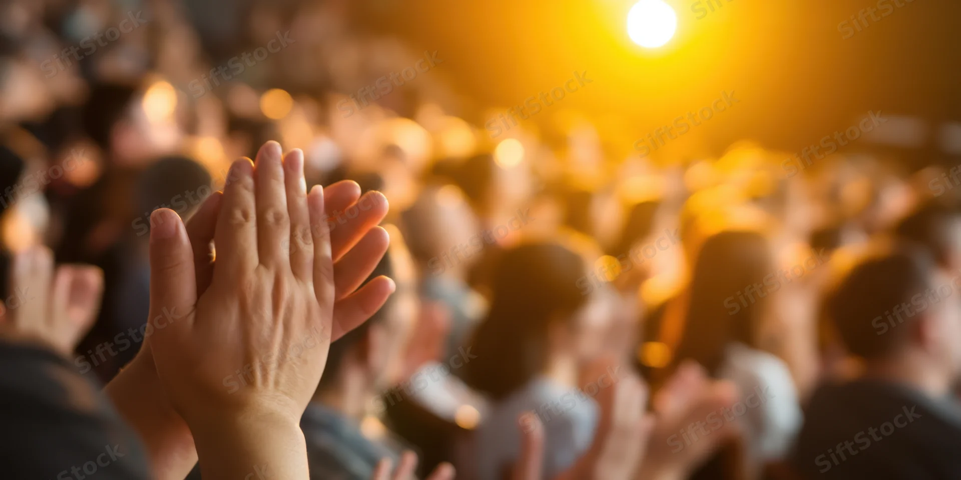 Hands clapping in a crowd at a concert under warm stage lighting