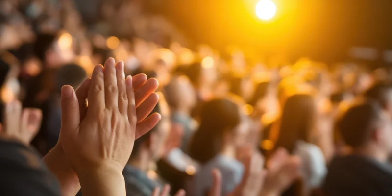 Hands clapping in a crowd at a concert under warm stage lighting