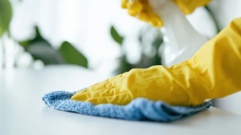 Hands in yellow rubber gloves wiping a white surface with a blue cloth