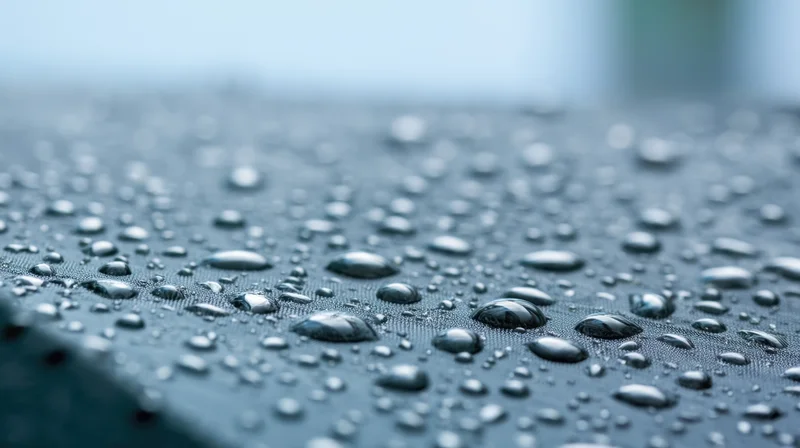 Rain droplets beading on a dark waterproof fabric surface