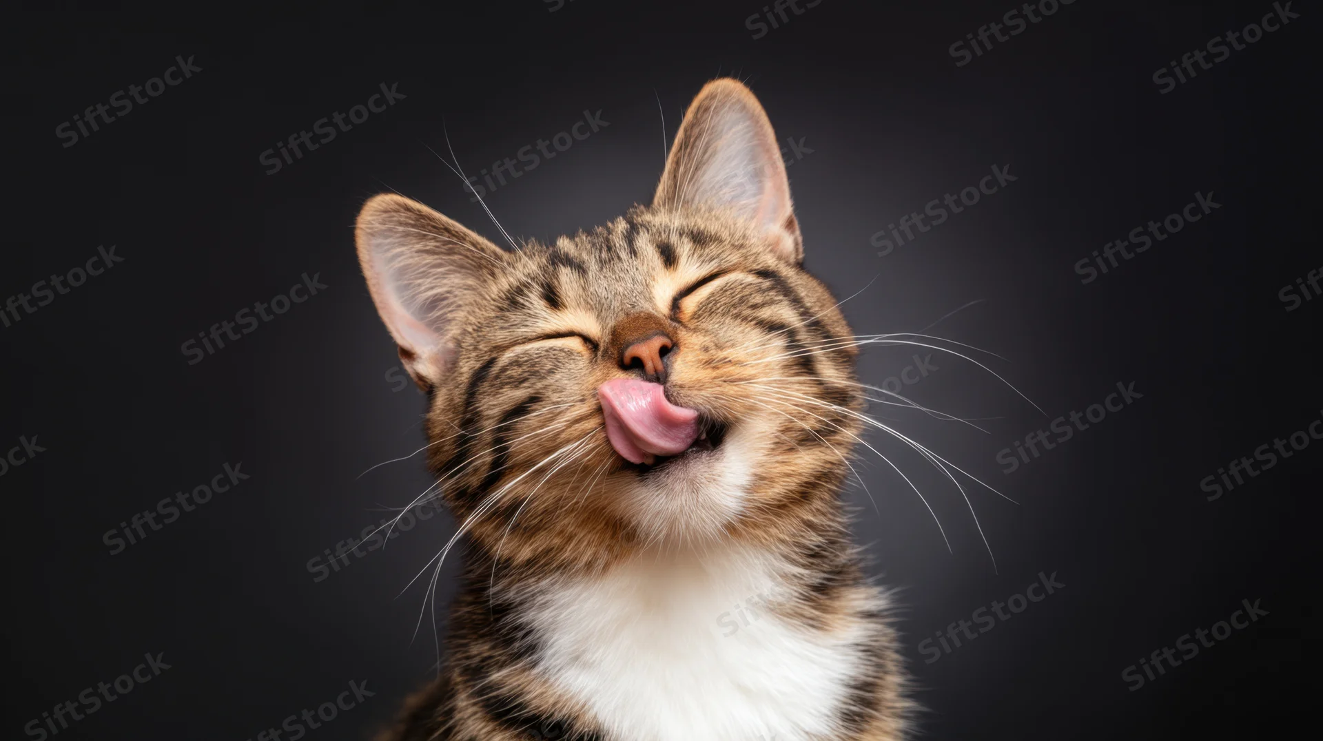 Tabby cat licking its face in close-up portrait against dark background