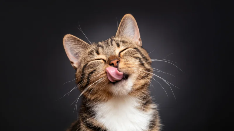 Tabby cat licking its face in close-up portrait against dark background