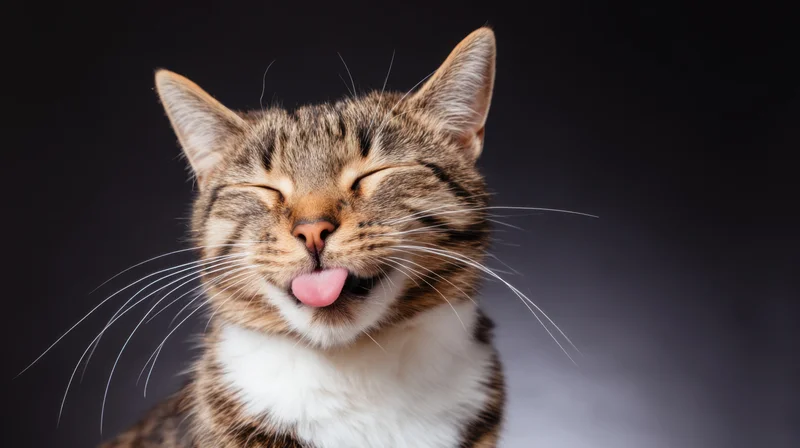 Tabby cat with closed eyes and tongue out in studio portrait against dark background