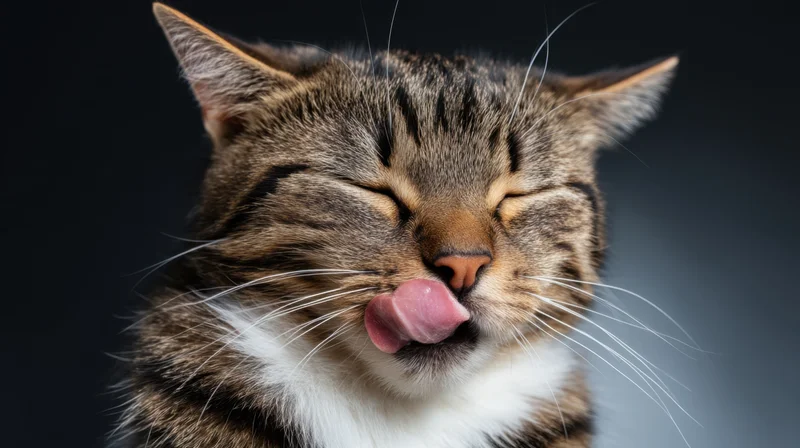 Tabby cat licking its nose in close-up portrait against dark background