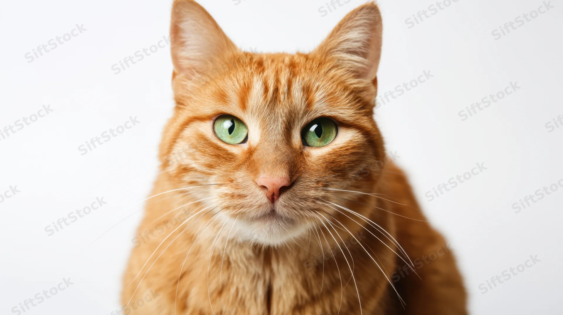 Close portrait of an orange tabby cat with green eyes looking directly at camera against white background
