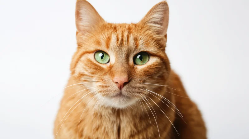 Close portrait of an orange tabby cat with green eyes looking directly at camera against white background