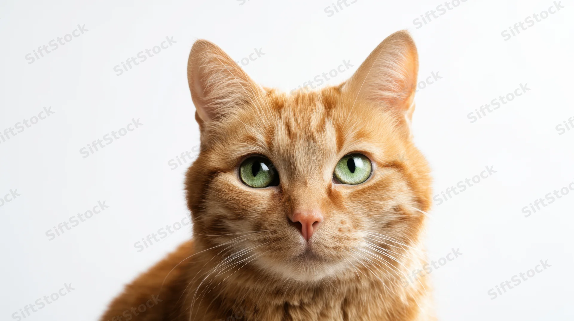 Close portrait of an orange tabby cat with green eyes against a white background