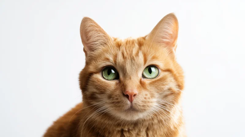 Close portrait of an orange tabby cat with green eyes against a white background