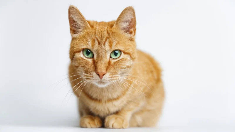 Orange tabby cat sitting and looking directly at camera on white background