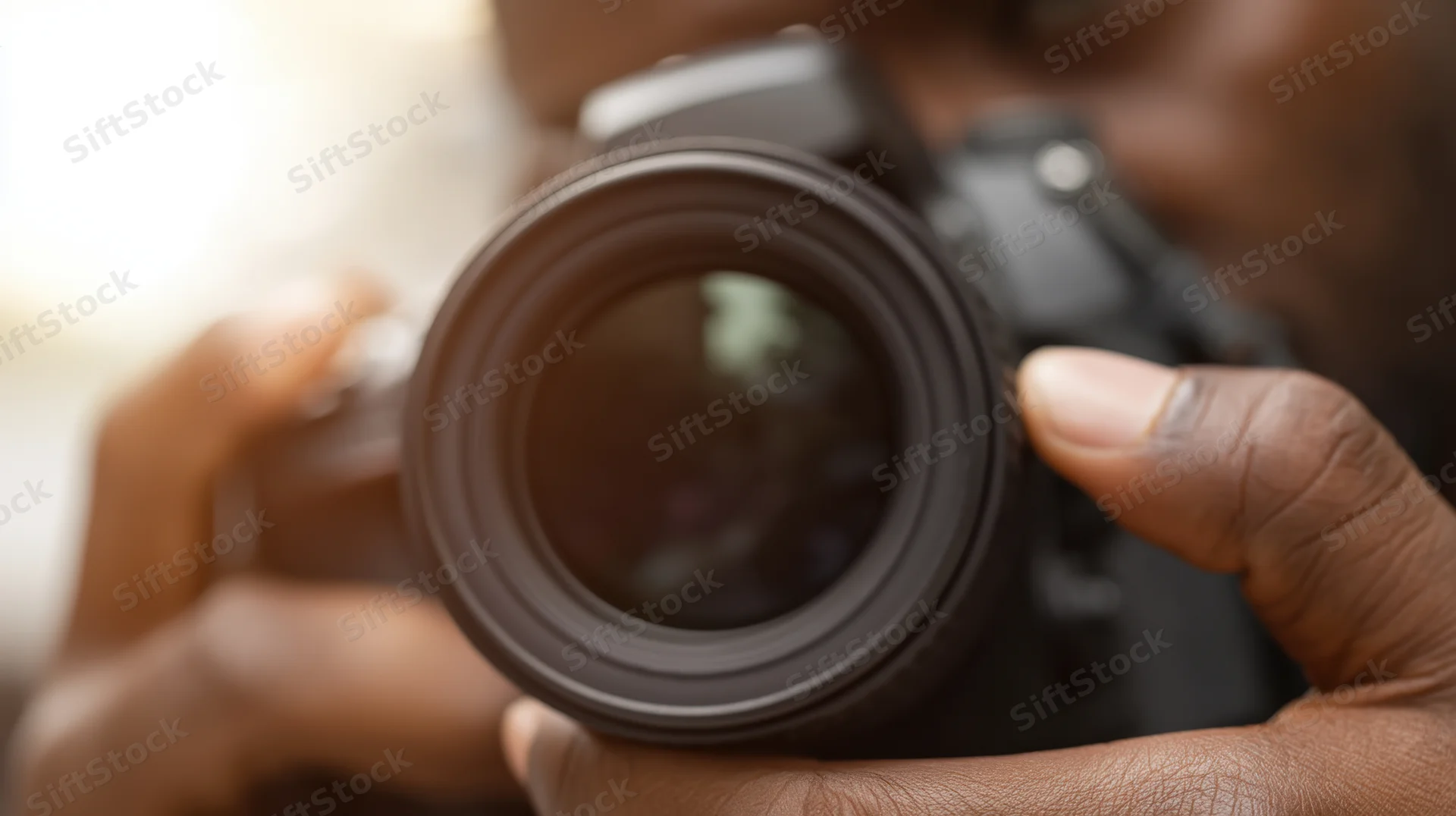 Close-up of a black male photographer holding a camera lens while shooting