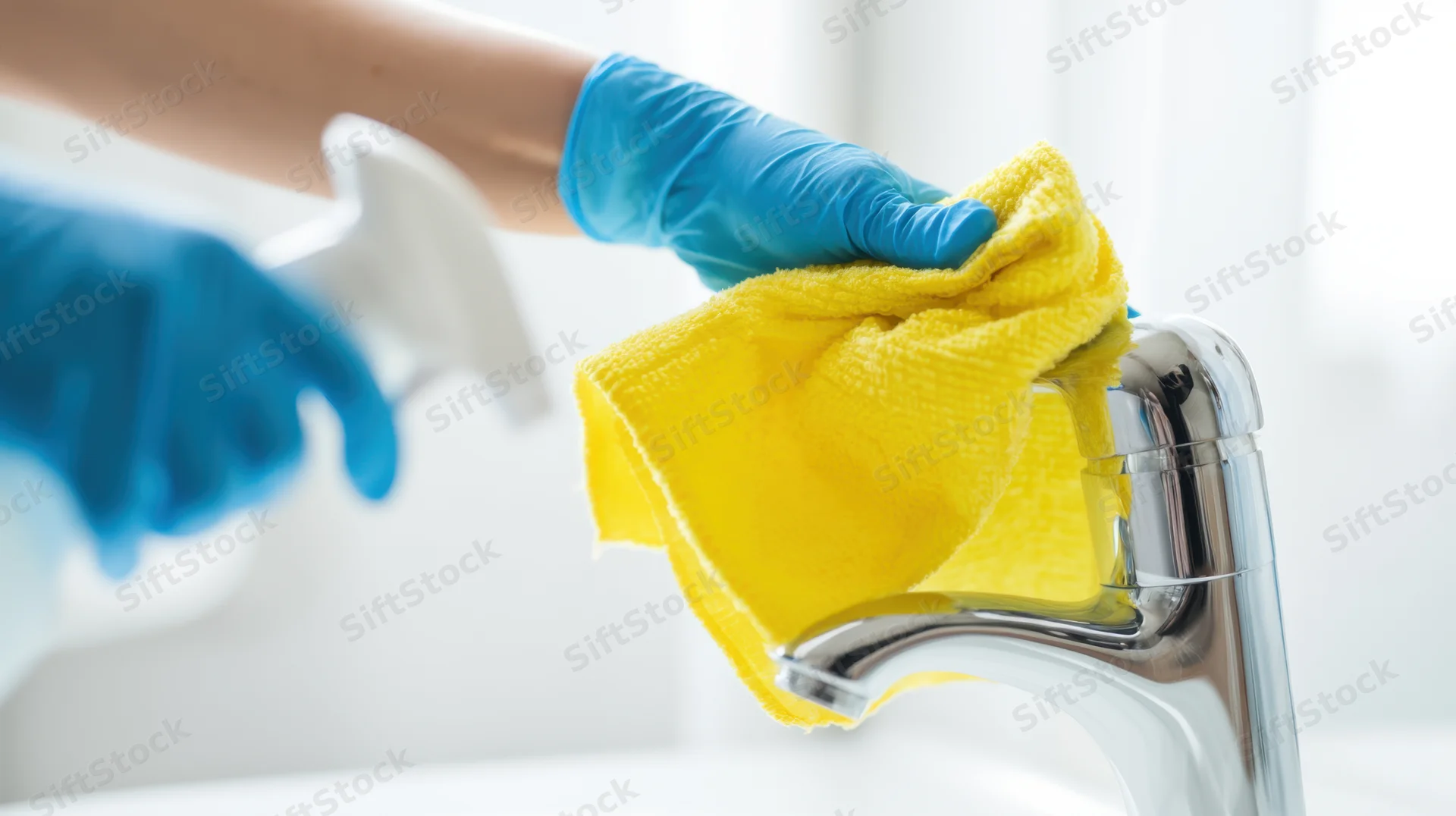 Hands in blue gloves wiping a chrome faucet with a yellow cloth in a bright kitchen sink area