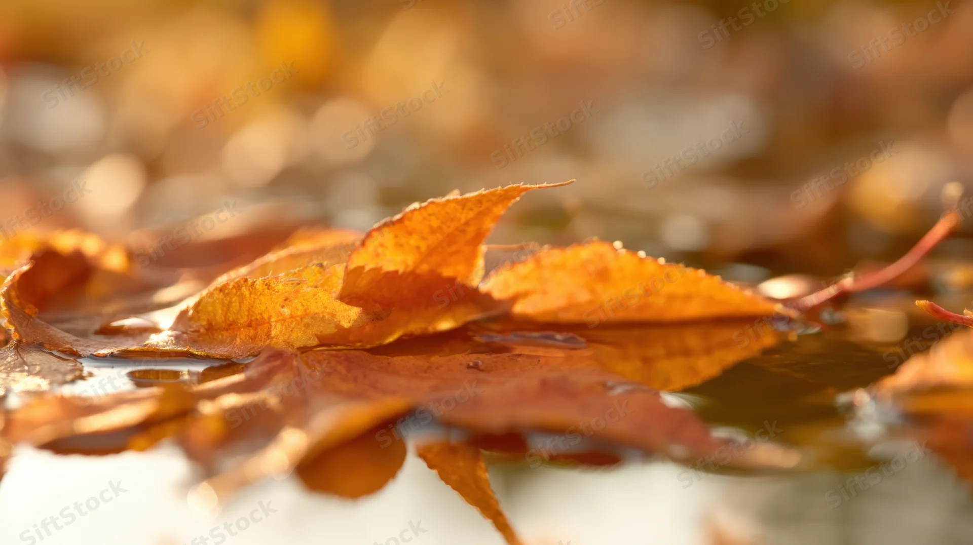 Orange maple leaf floating on wet water surface in autumn forest