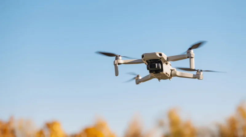 Compact quadcopter drone flying in clear blue sky above autumn foliage
