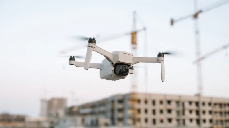 White quadcopter drone flying over construction site with cranes and unfinished buildings in background
