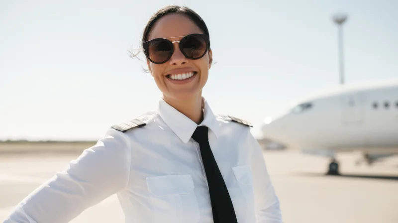 Female pilot in uniform smiling on tarmac with private jet in background