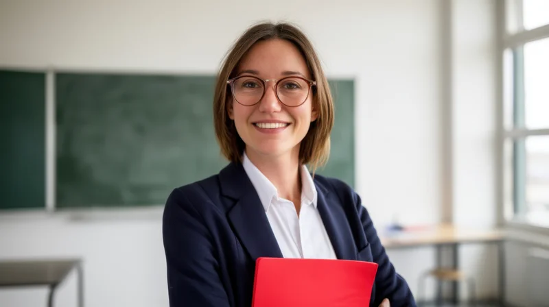 Smiling female teacher holding red folder in classroom