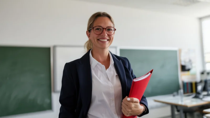 Smiling female teacher holding red folder in classroom