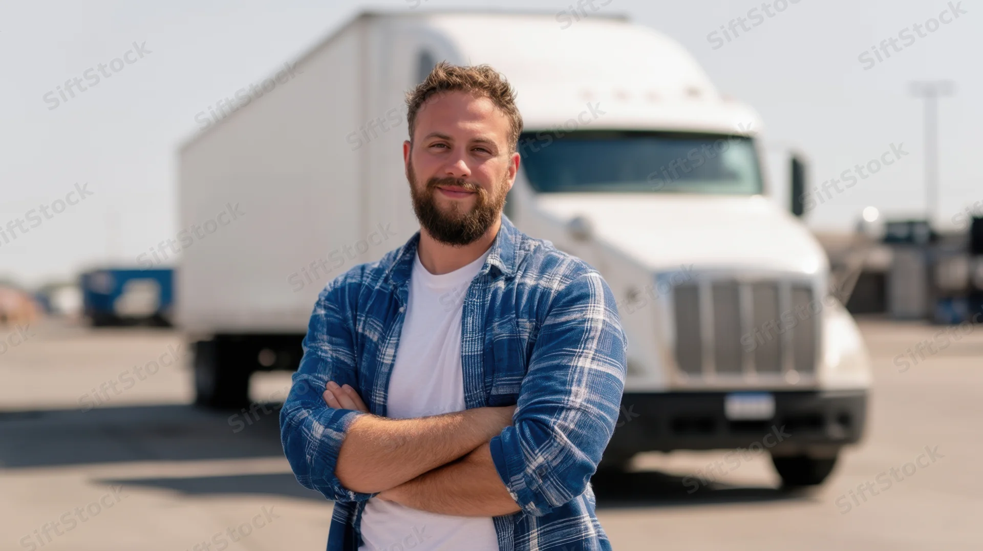 Man with arms crossed smiling in front of a white semi truck in a parking lot