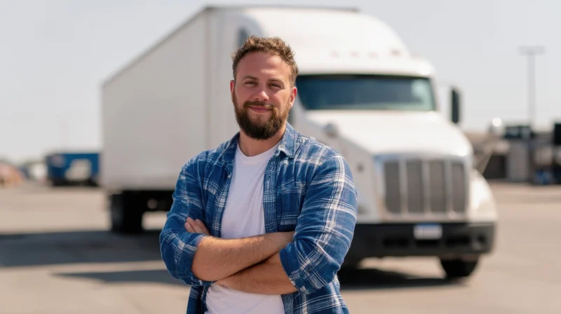 Man with arms crossed smiling in front of a white semi truck in a parking lot
